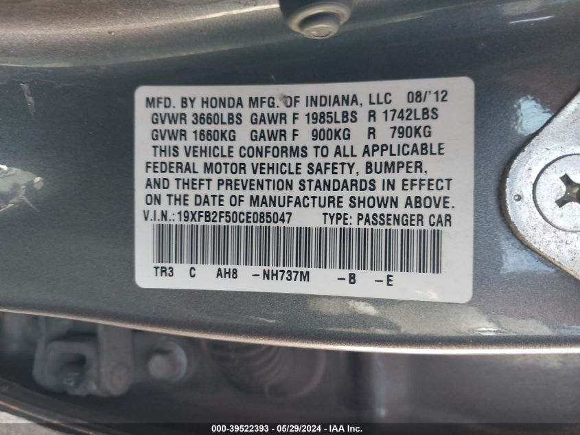2012 Honda Civic Lx VIN: 19XFB2F50CE085047 Lot: 39522393