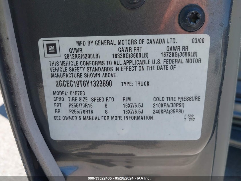 2000 Chevrolet Silverado 1500 Lt VIN: 2GCEC19T6Y1323890 Lot: 39522405