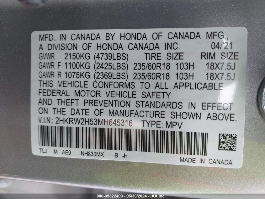 2021 Honda Cr-V Awd Ex VIN: 2HKRW2H53MH645316 Lot: 39522409