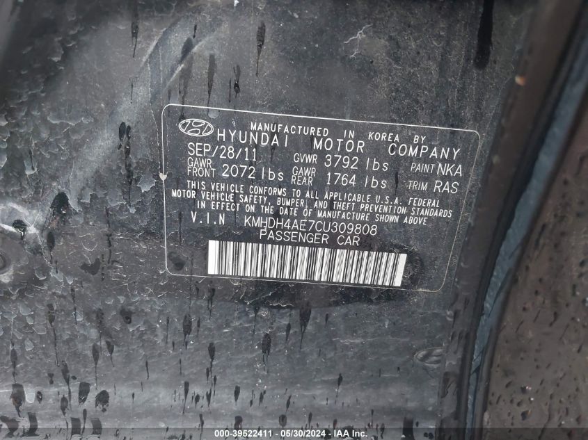 2012 Hyundai Elantra Gls (Ulsan Plant) VIN: KMHDH4AE7CU309808 Lot: 39522411