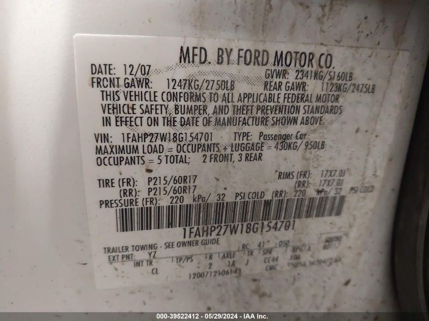 2008 Ford Taurus Sel VIN: 1FAHP27W18G154701 Lot: 39522412