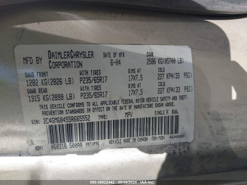 2005 Chrysler Pacifica Touring VIN: 2C4GM68455R665552 Lot: 39522442