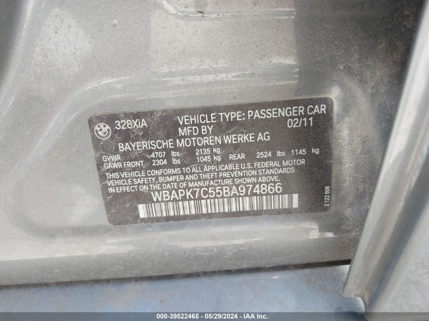 2011 BMW 328I xDrive VIN: WBAPK7C55BA974866 Lot: 39522465