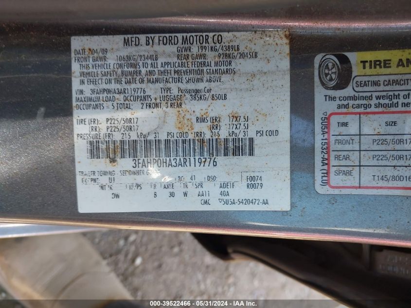 2010 Ford Fusion Se VIN: 3FAHP0HA3AR119776 Lot: 39522466