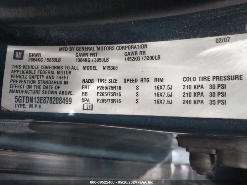 2007 Hummer H3 Suv VIN: 5GTDN13E878208499 Lot: 39522468