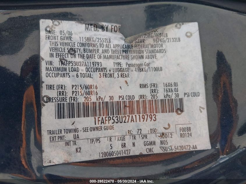 2007 Ford Taurus Se VIN: 1FAFP53U27A119793 Lot: 39522470