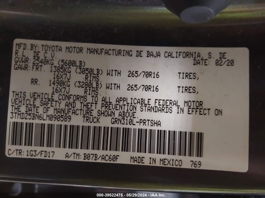 2020 Toyota Tacoma Trd Off-Road VIN: 3TMDZ5BN6LM090589 Lot: 39522475