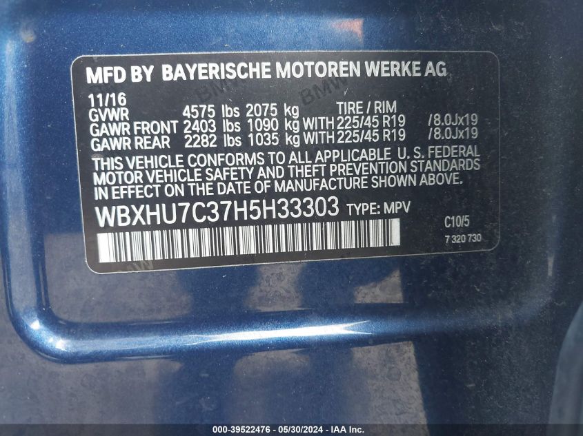 2017 BMW X1 Sdrive28I VIN: WBXHU7C37H5H33303 Lot: 39522476