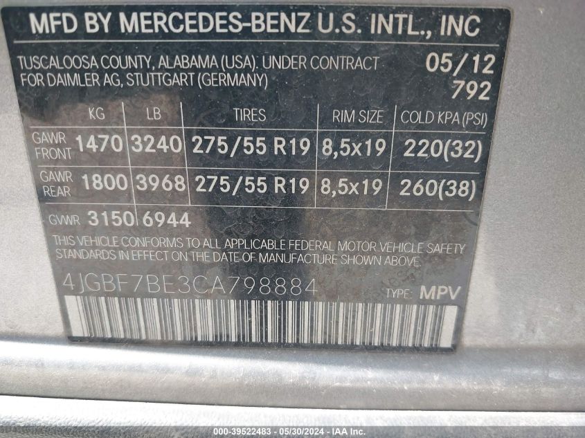 2012 Mercedes-Benz Gl 450 4Matic VIN: 4JGBF7BE3CA798884 Lot: 39522483