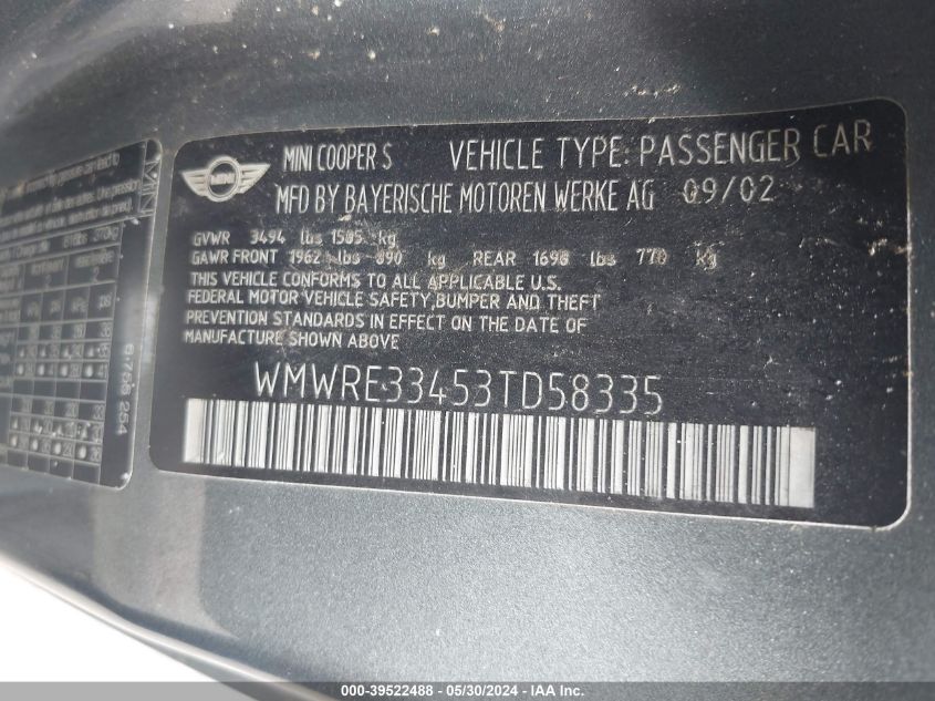 2003 Mini Cooper S VIN: WMWRE33453TD58335 Lot: 39522488