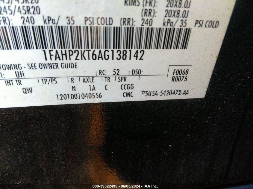 2010 Ford Taurus Sho VIN: 1FAHP2KT6AG138142 Lot: 39522495