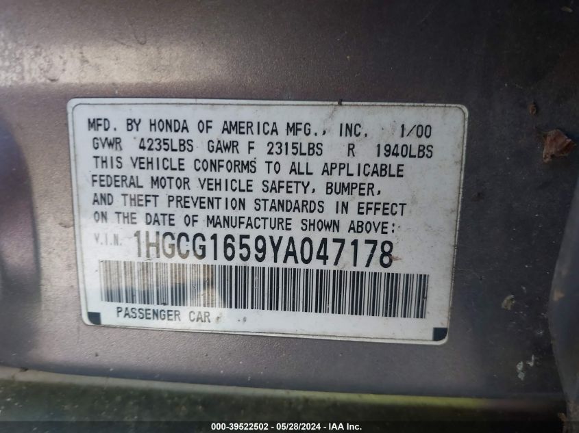 2000 Honda Accord 3.0 Ex VIN: 1HGCG1659YA047178 Lot: 39522502