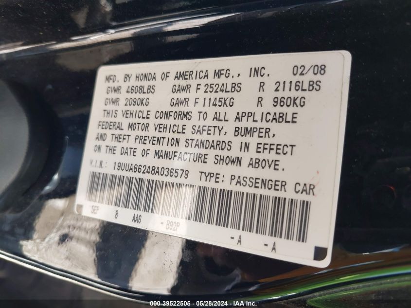 2008 Acura Tl 3.2 VIN: 19UUA66248A036579 Lot: 39522505