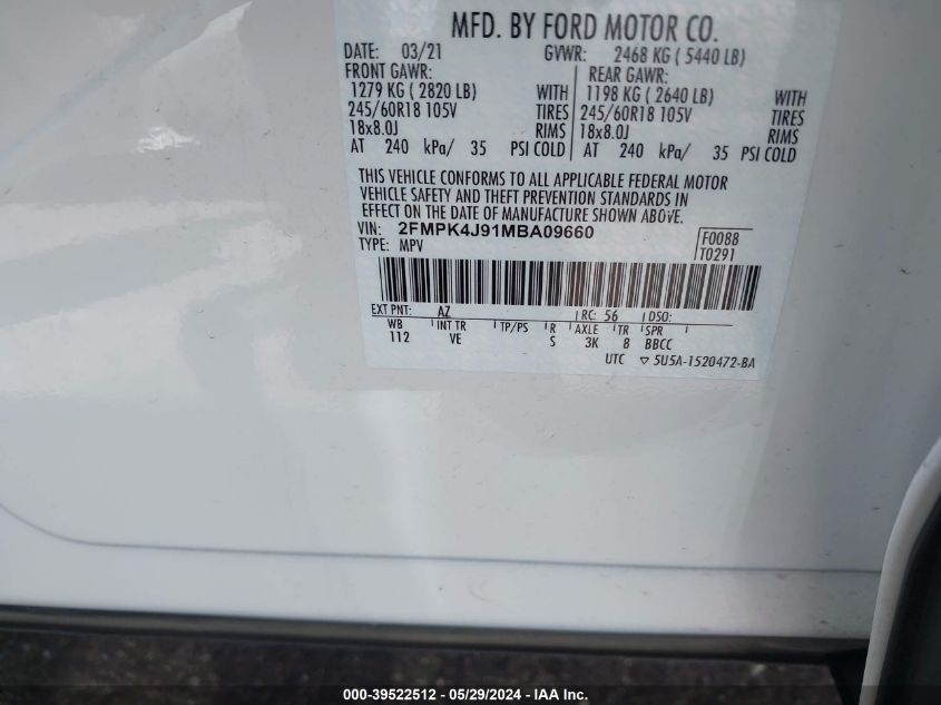 2021 Ford Edge Sel VIN: 2FMPK4J91MBA09660 Lot: 39522512