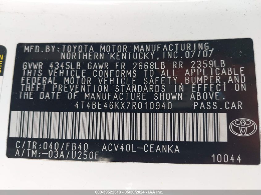 2007 Toyota Camry Ce VIN: 4T4BE46KX7R010940 Lot: 39522513