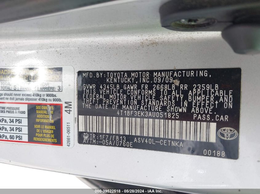 2010 Toyota Camry Base (Retail Orders Only) (A5) VIN: 4T1BF3EK3AU051825 Lot: 39522518