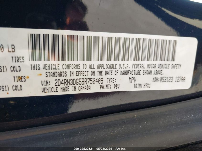 2011 Dodge Grand Caravan Mainstreet VIN: 2D4RN3DG5BR750409 Lot: 39522521