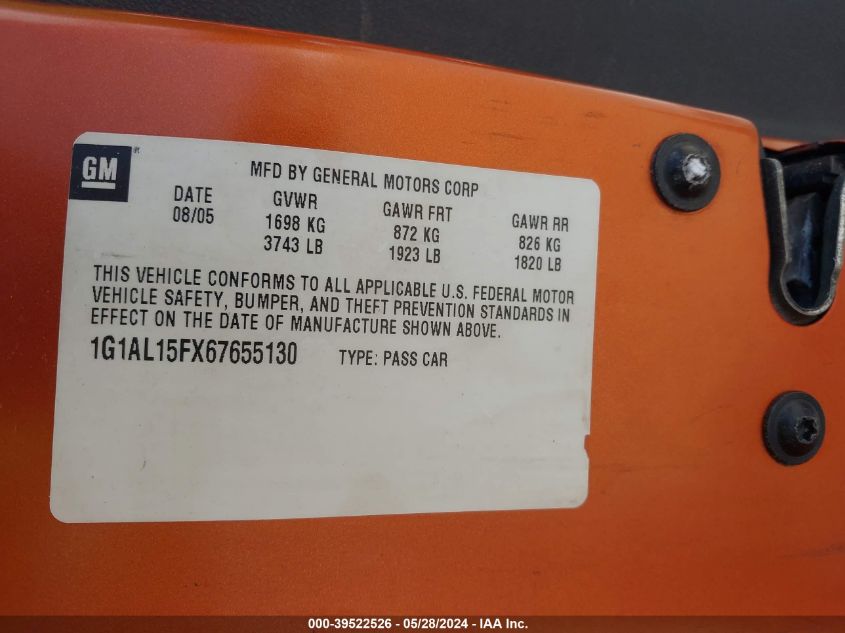 2006 Chevrolet Cobalt Lt VIN: 1G1AL15FX67655130 Lot: 39522526