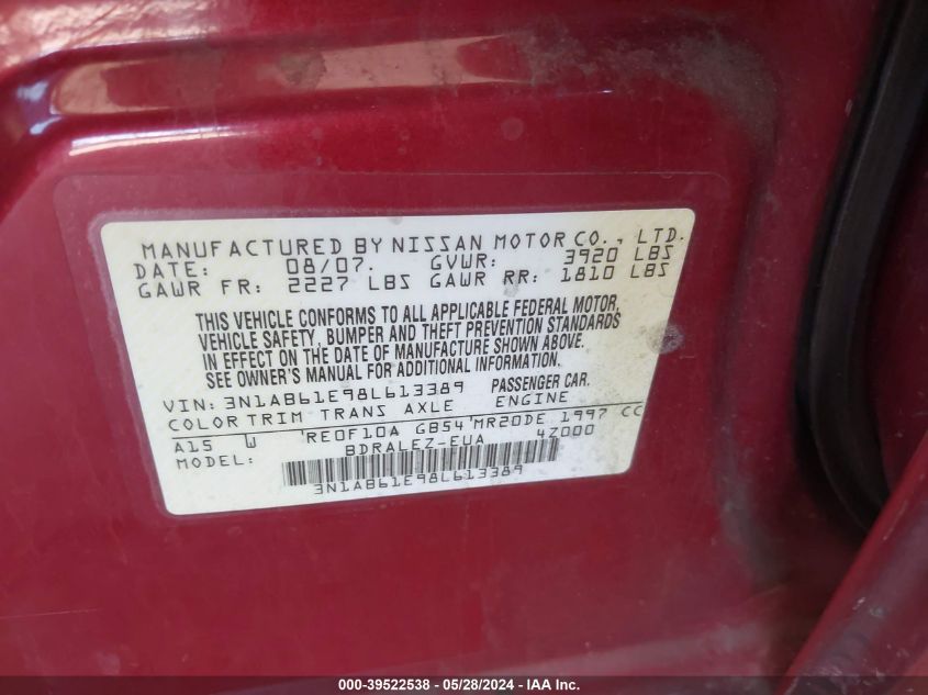 2008 Nissan Sentra 2.0S VIN: 3N1AB61E98L613389 Lot: 39522538