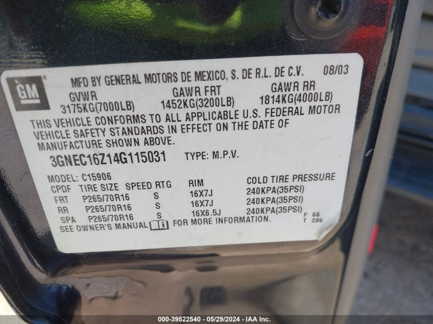 2004 Chevrolet Suburban 1500 Ls VIN: 3GNEC16Z14G115031 Lot: 39522540