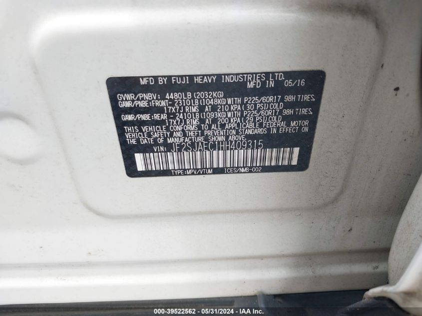 2017 Subaru Forester 2.5I Premium VIN: JF2SJAEC1HH409315 Lot: 39522562