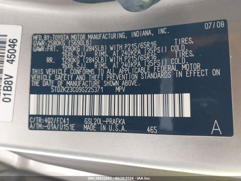 2009 Toyota Sienna Le VIN: 5TDZK23C09S225371 Lot: 39522563