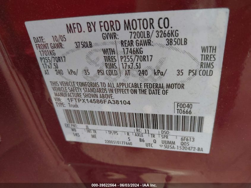 2006 Ford F-150 Fx4/Lariat/Xl/Xlt VIN: 1FTPX14586FA38104 Lot: 39522564