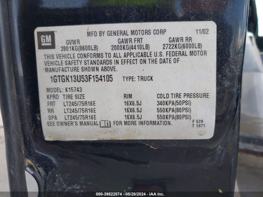 2003 GMC Sierra 1500Hd Slt VIN: 1GTGK13U53F154105 Lot: 39522574