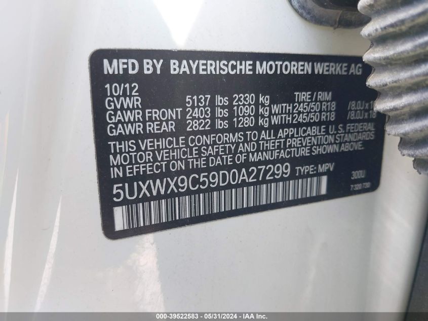 2013 BMW X3 xDrive28I VIN: 5UXWX9C59D0A27299 Lot: 39522583