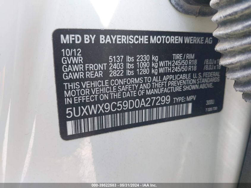 2013 BMW X3 XDRIVE28I - 5UXWX9C59D0A27299