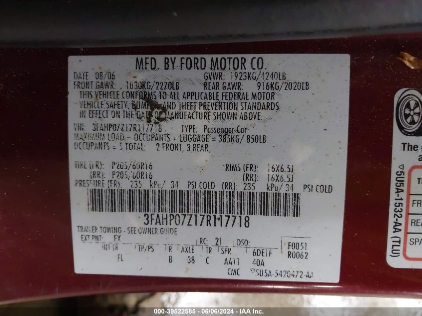 2007 Ford Fusion Se VIN: 3FAHP07Z17R117718 Lot: 39522585