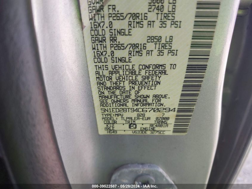 2004 Nissan Xterra Xe VIN: 5N1ED28T94C670294 Lot: 39522587