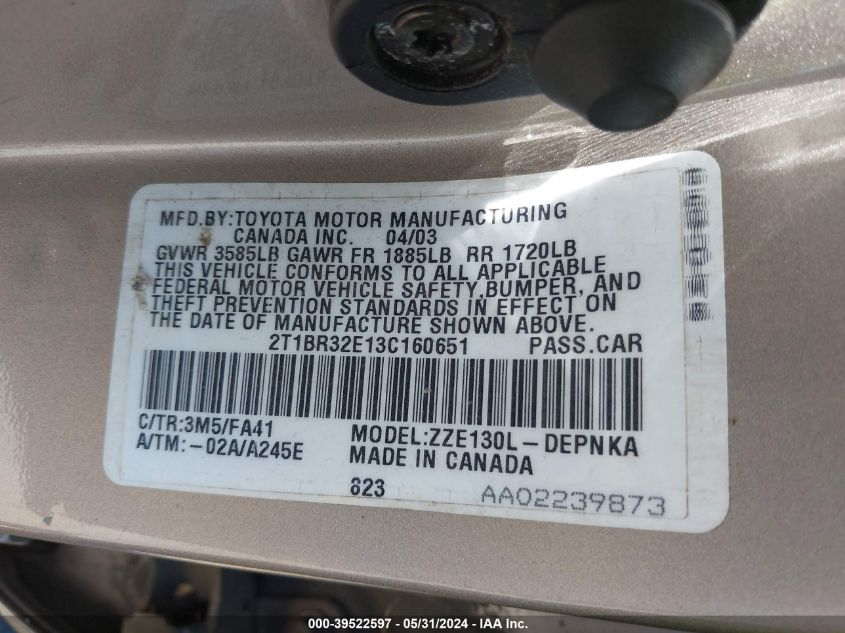 2003 Toyota Corolla Le VIN: 2T1BR32E13C160651 Lot: 39522597