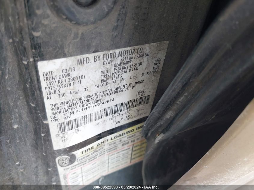 2013 Ford Expedition Xlt VIN: 1FMJU1H53DEF42972 Lot: 39522598