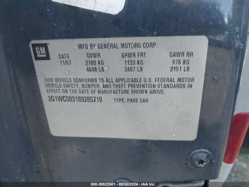 2008 Chevrolet Impala Lt VIN: 2G1WC583189285718 Lot: 39522601