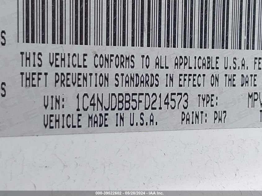 2015 Jeep Compass Sport VIN: 1C4NJDBB5FD214573 Lot: 39522602