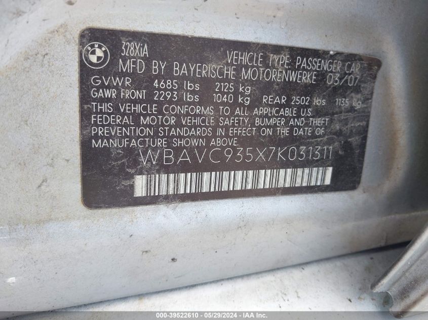 2007 BMW 328Xi VIN: WBAVC935X7K031311 Lot: 39522610