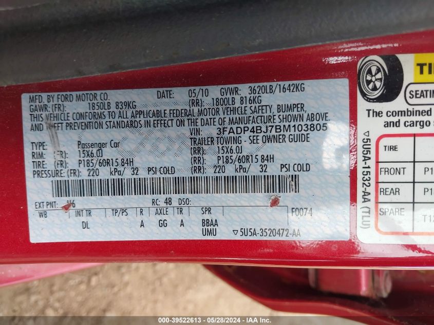 2011 Ford Fiesta Se VIN: 3FADP4BJ7BM103805 Lot: 39522613