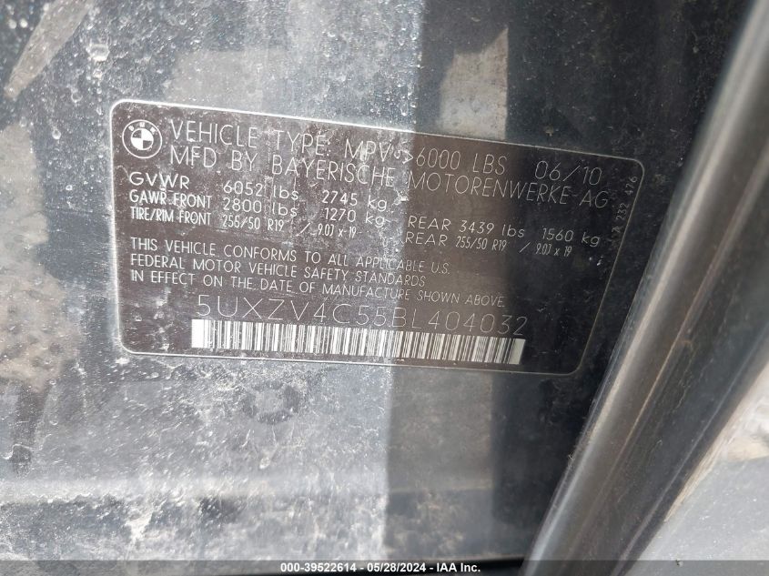2011 BMW X5 VIN: 5UXZV4C55BL404032 Lot: 39522614