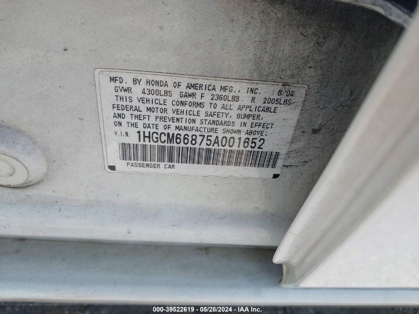 2005 Honda Accord 3.0 Ex VIN: 1HGCM66875A001652 Lot: 39522619