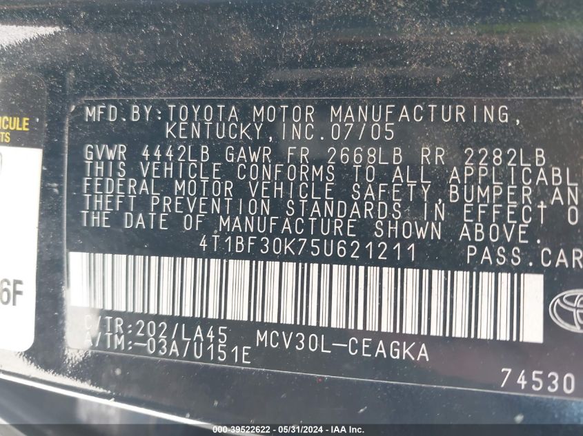 2005 Toyota Camry Xle V6 VIN: 4T1BF30K75U621211 Lot: 39522622