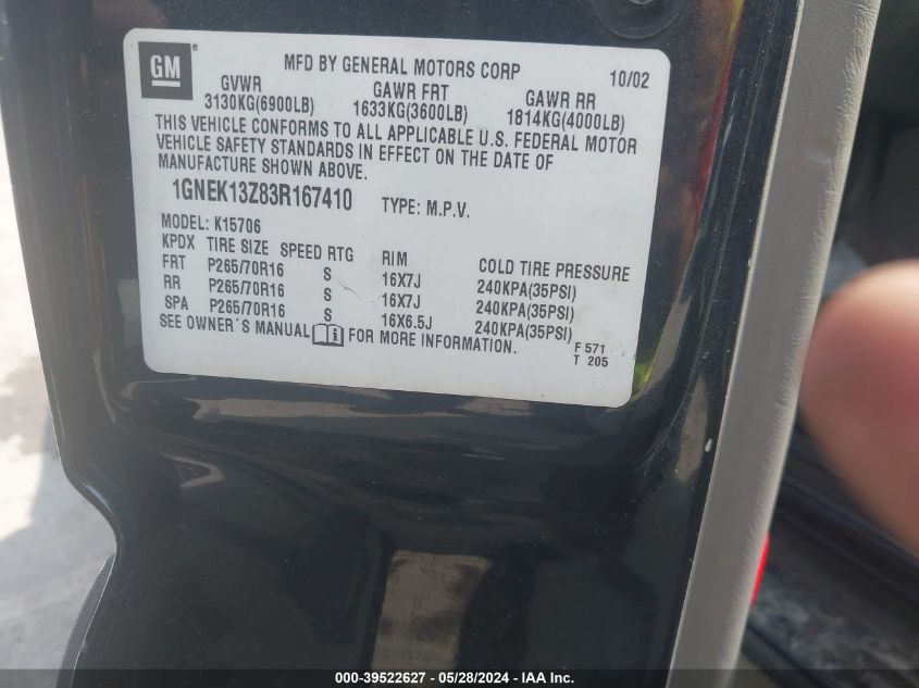 2003 Chevrolet Tahoe Lt VIN: 1GNEK13Z83R167410 Lot: 39522627