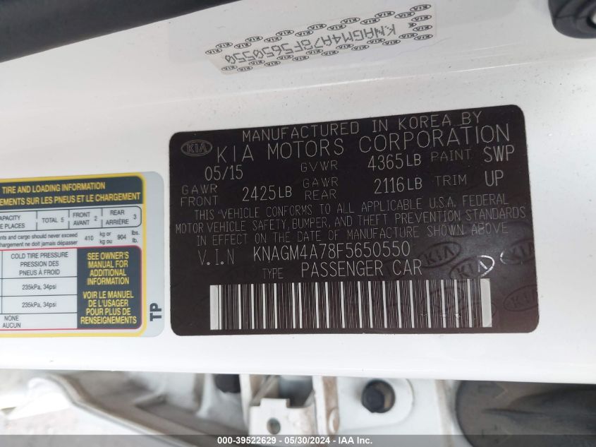2015 Kia Optima Lx VIN: KNAGM4A78F5650550 Lot: 39522629