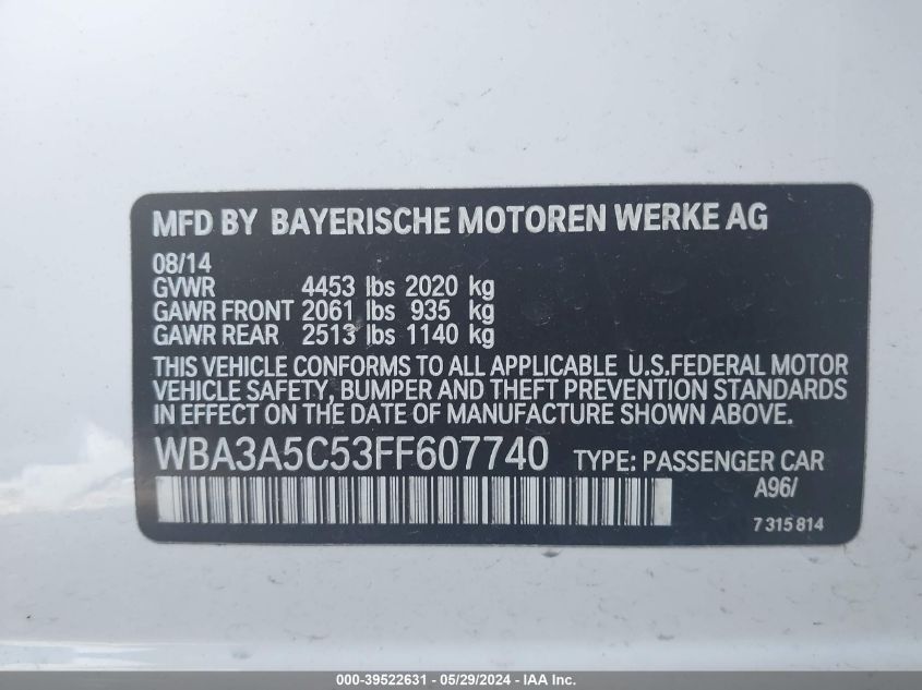 2015 BMW 328I VIN: WBA3A5C53FF607740 Lot: 39522631