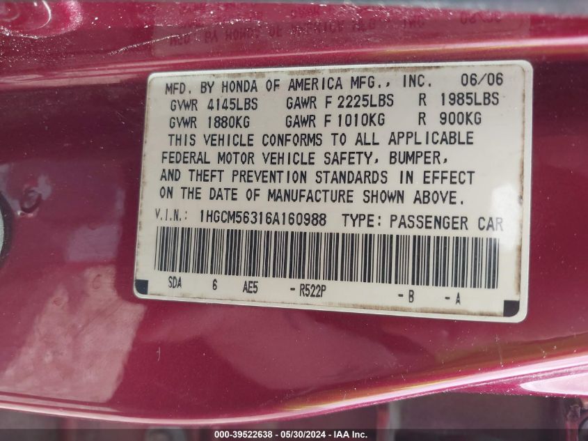 2006 Honda Accord 2.4 Se VIN: 1HGCM56316A160988 Lot: 39522638