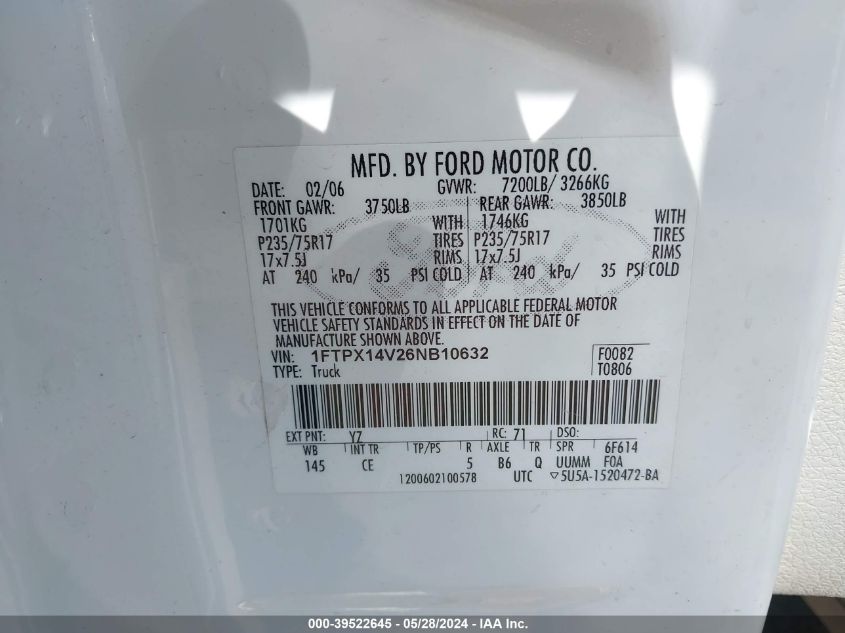 2006 Ford F-150 Fx4/Lariat/Xl/Xlt VIN: 1FTPX14V26NB10632 Lot: 39522645