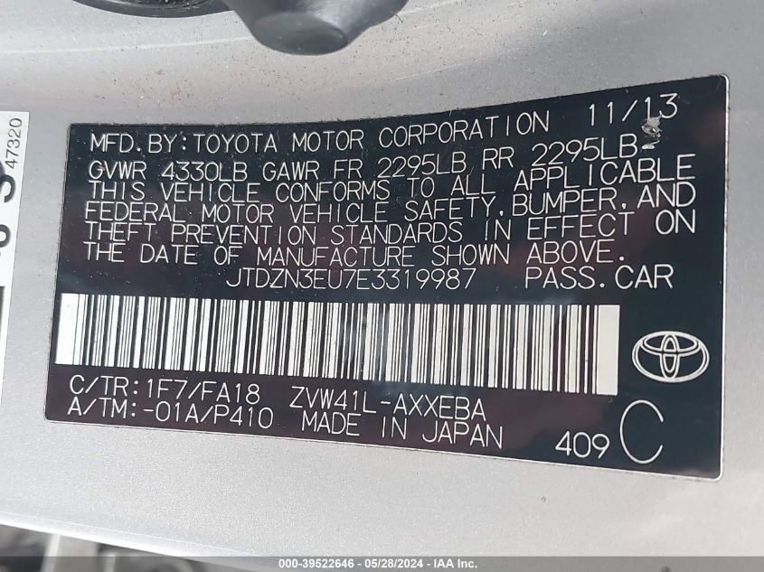 2014 Toyota Prius V Two VIN: JTDZN3EU7E3319987 Lot: 39522646