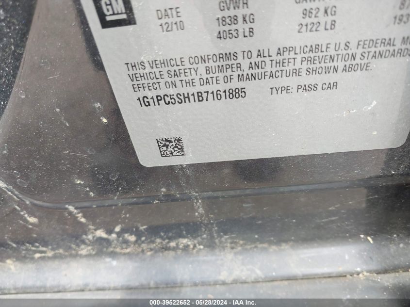 2011 Chevrolet Cruze Ls VIN: 1G1PC5SH1B7161885 Lot: 39522652