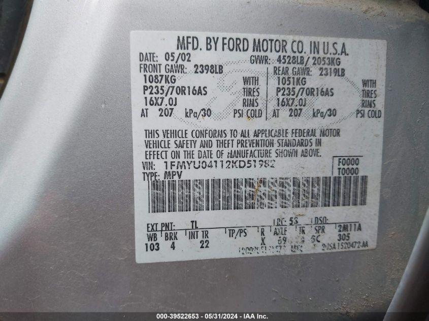 2002 Ford Escape Xlt VIN: 1FMYU04112KD51982 Lot: 39522653