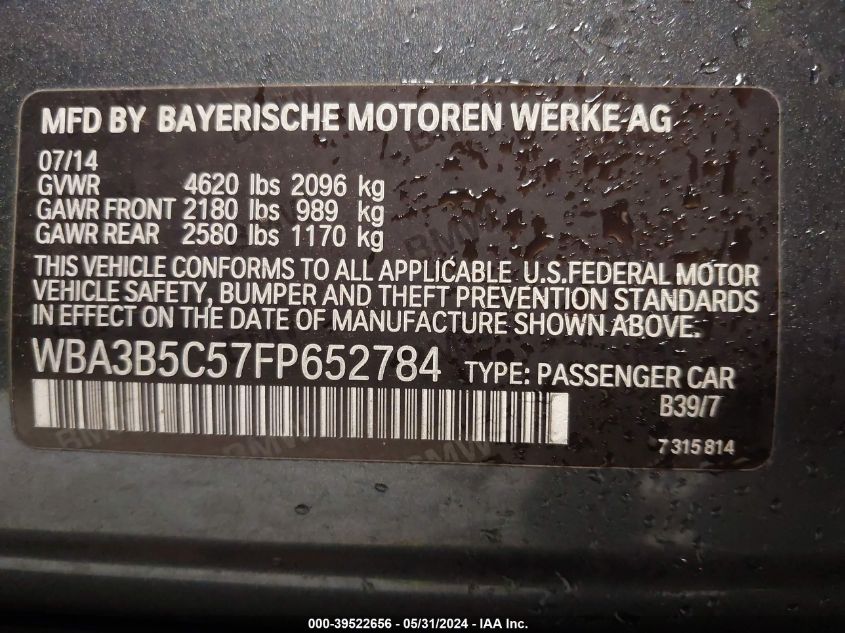 2015 BMW 328 Xi Sulev VIN: WBA3B5C57FP652784 Lot: 39522656